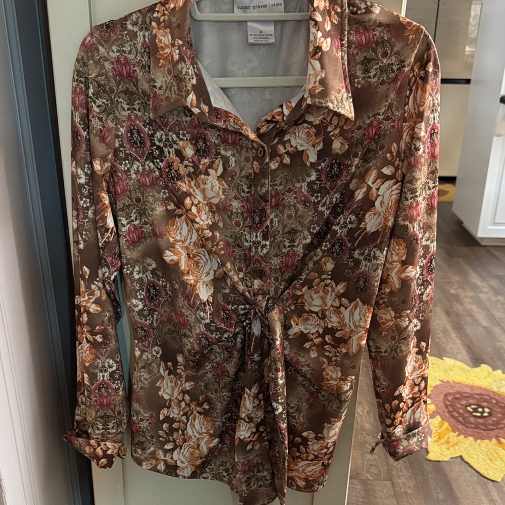 Susan Graver Brown Floral Tie-Front Button Down Blouse with Pink Accents